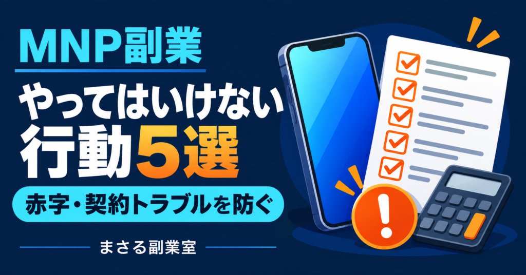 MNP副業でやってはいけない行動5選。赤字・契約トラブルを防ぐチェックリストとスマートフォンのイラスト